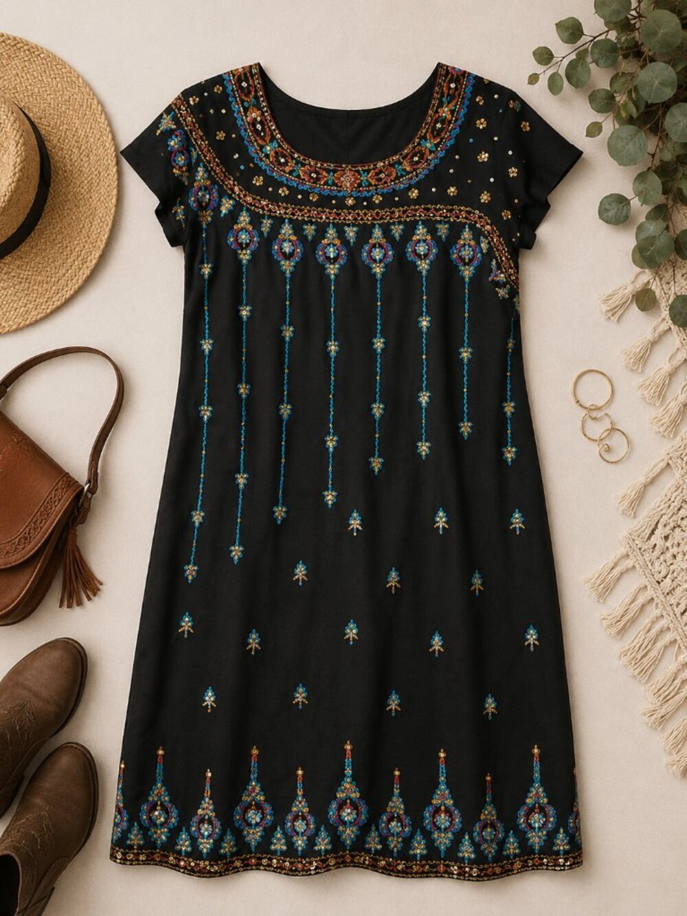 Boho Embroidered Shift Dress Black Sequin Tunic Mini Festival Cottagecore Size L